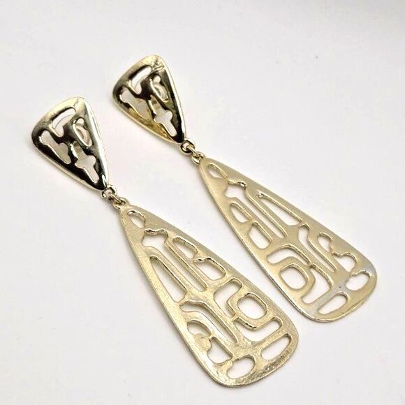 Goldtone Openwork Shiny Dangle Teardrop 3" Post Earrings - Picture 1 of 4